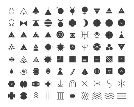 Black flat style icon set of esoteric glyphs, pictograms and symbols. Mystic and alchemy signs 