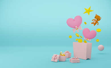 gift box with heart shaped balloon in sky blue pastel composition, valentine's day concept ,abstract showcase background ,3d illustration or 3d render