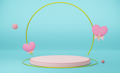 Podium empty with heart shaped balloon in sky blue pastel composition valentine's day concept ,abstract showcase background ,3d illustration or 3d render