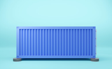 shipping container with podium in sky blue pastel composition for modern stage display and minimalist mockup ,Concept 3d illustration or 3d render