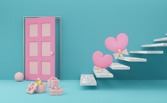 Gift Box With Heart Shaped Balloon And Door In Sky Blue Pastel Composition, Valentine's Day Concept ,3d Illustration Or 3d Render