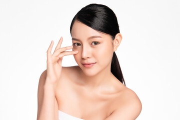 Beautiful young asian woman with clean fresh skin on white background, Face care, Facial treatment,...