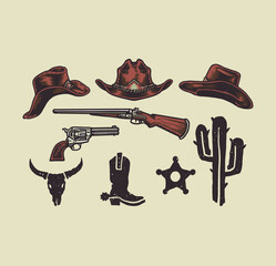Wild west cowboy objects, hand drawn line style with digital color, vector illustration