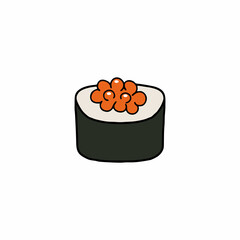 Sushi and rolls with red caviar. Traditional Japanese food. Vector illustration in doodle style.