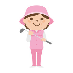 ゴルフ場で働く女性キャディのイラスト。ゴルフクラブを持って立っている女性。