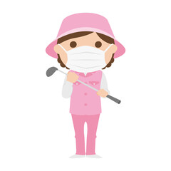ゴルフ場で働く女性キャディのイラスト。マスクをしてる女性。