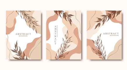 Vector card templates collection with hand drawn plants and abstract shapes isolated on white background. Trendy illustrations in pastel colors for social media, print, card, banner