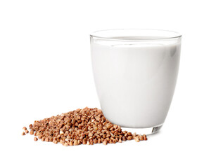 Glass of buckwheat milk on white background