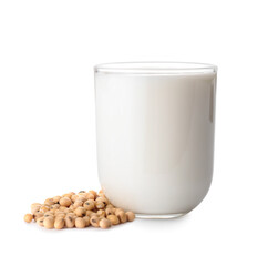 Glass of soy milk on white background