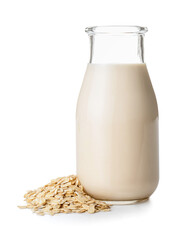 Bottle of oat milk on white background