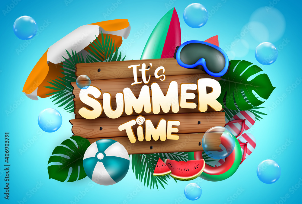 Wall mural summer time vector concept design. it's summer time text with colorful beach elements like goggles, 