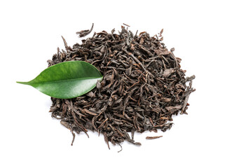 Heap of dry black tea leaves on white background