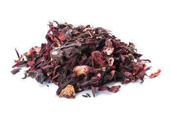 Dry hibiscus tea on white background