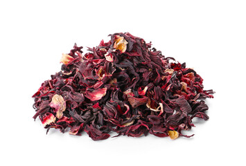 Dry hibiscus tea on white background