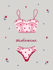 Modern female lingerie or swimwear with hearts and lace. Trendy hand drawn underwear or bikini tops and bottoms. Vintage vector illustration in flat cartoon style.