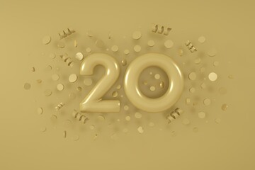 20th Anniversary celebration. Golden 3d number 20 with festive confetti and spiral ribbons. Birthday or wedding party event decoration. 3d rendering.