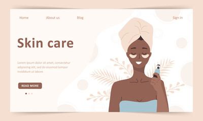 Obraz premium Skin care concept. Landing page template. African woman do cosmetic spa procedures for face. Morning routine. Eye patches and cream. Organic products. Vector illustration in flat cartoon style.