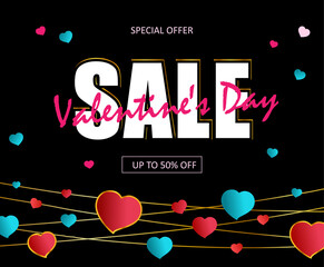 Banner sale in Valentines day. Red, blue and pink hearts hang on garlands on black background. Vector illustration with text Sale Valentines day. special offer.