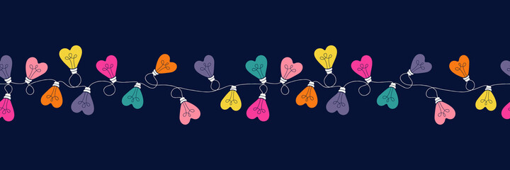 Multi-colored Valentine's Day Holiday Intertwined Heart Shape String Lights on Dark Background Vector Seamless Horizontal Border Pattern. Rainbow Festive Love Background