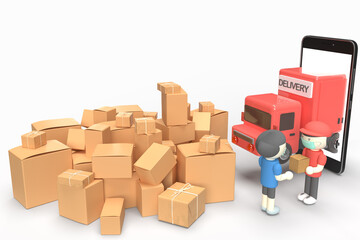 Many waste delivery paper box from unnecessarily online shopping during quarantine coronavirus. Red truck and transport worker on face mask from smartphone. 3D illustration on isolate white background