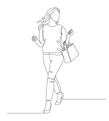 Happy Woman Continuous One Line Drawing. Woman with Bag Outline Drawing. Female Dress Abstract Minimalist Illustration Linear Style. Vector EPS 10.