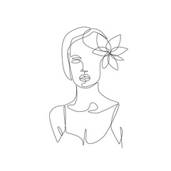 Modern Woman with Flower Head One Line Art Drawing. Woman Continuous Line Drawing. Girl with Flowers One Line Abstract Drawing. Happy Floral Girl Minimalist Outline Illustration. Vector EPS 10.