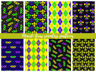 Set of Mardi Gras seamless patterns;  vector backgrounds for wrapping paper, packaging, fabric, textile, etc. - 406906173