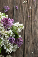 White and purple lilac on old wooden brown background, copy space and soft focus