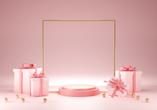 3d pink gold rendering with podium and gift box. Gold Geomoetric decoration. Pastel pink scene and minimal Style. Valentine's Day concept.
