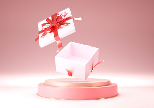 Zoom In 3d Red Ribbon Open Giftbox Rendering With Pink Gold Stage At The Center. Pastel Pink Scene And Minimal Background Style. Valentine's Day Concept.