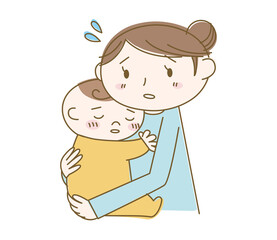 心配そうに赤ちゃんを抱っこする女性のイラスト
