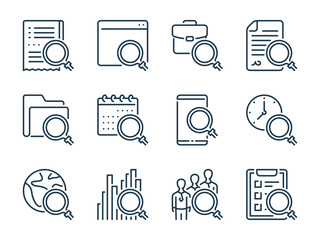 Search and research related vector line icons. Review and magnifying glass outline icon set.