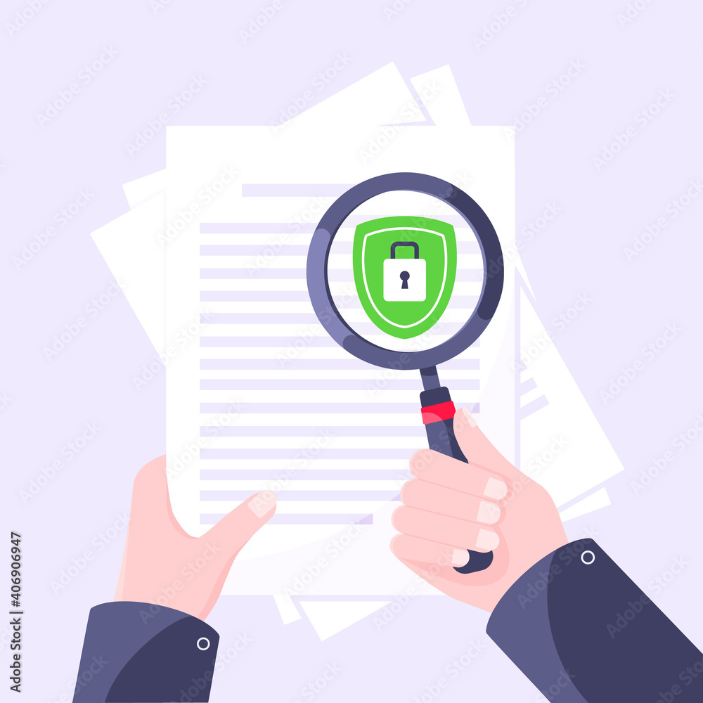 Wall mural privacy policy, safety lock and data protection metaphor. hand hold magnifier shield with padlock on