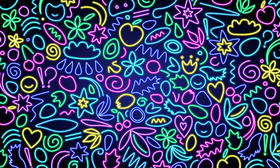Neon glowing figures on a dark background. Spirals, fruits, zigzags, stars, flowers and other small elements collected in a bright pattern