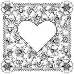 Mehndi flower with frame in shape of heart. Mehndi flower for henna, mehndi, tattoo, decoration. decorative ornament in ethnic oriental style. doodle ornament. outline hand draw illustration. coloring