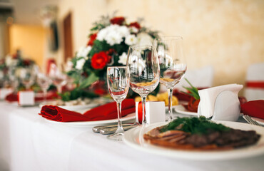 Table set for wedding or another catered event dinner.