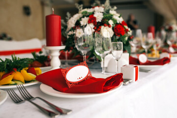 Table set for wedding or another catered event dinner.