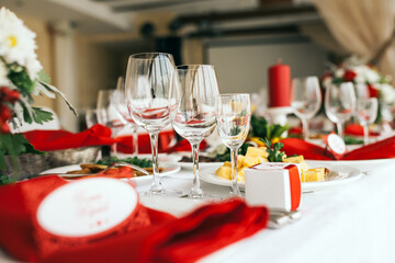 Table set for wedding or another catered event dinner.