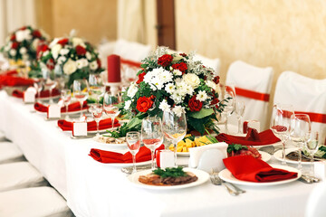 Table set for wedding or another catered event dinner.