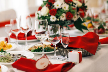 Table set for wedding or another catered event dinner.