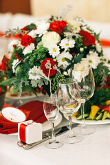 Table set for wedding or another catered event dinner.