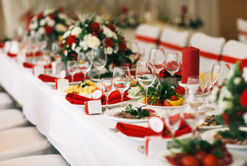 Table set for wedding or another catered event dinner.