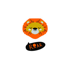 Flat cute lion open mouth roar. Trendy Scandinavian style. Cartoon animal character vector illustration isolated on background. Print for kids apparel, nursery decoration, poster, funny avatars.