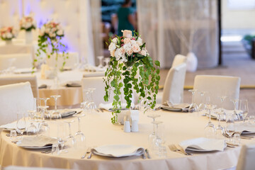 Table set for wedding or another catered event dinner.