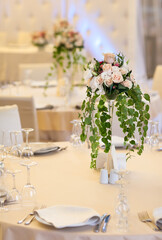 Table set for wedding or another catered event dinner.