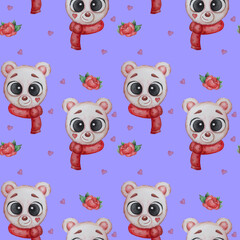 Seamless patterns. Portrait of a white polar bear in a red scarf on a blue background with hearts and roses. Watercolor. For valentines, print, packaging, decor, wallpaper and design