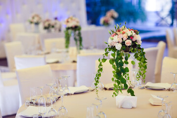 Table set for wedding or another catered event dinner.