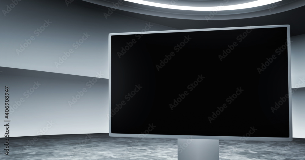 Wall mural tv show virtual backdrop set with an empty screen monitor. a photo realistic 3d rendering, ideal for