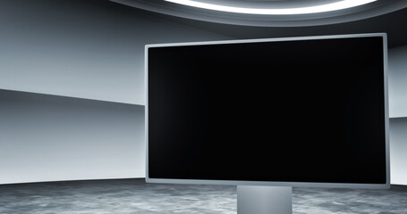 TV show virtual backdrop set with an empty screen monitor. A photo realistic 3D rendering, Ideal for virtual tracking system sets, with green screen