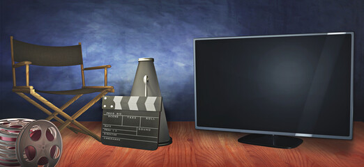 Video on demand advertising template with an empty TV set and director's chair and accessories. A movies concept 3D rendering with copy space to add your text